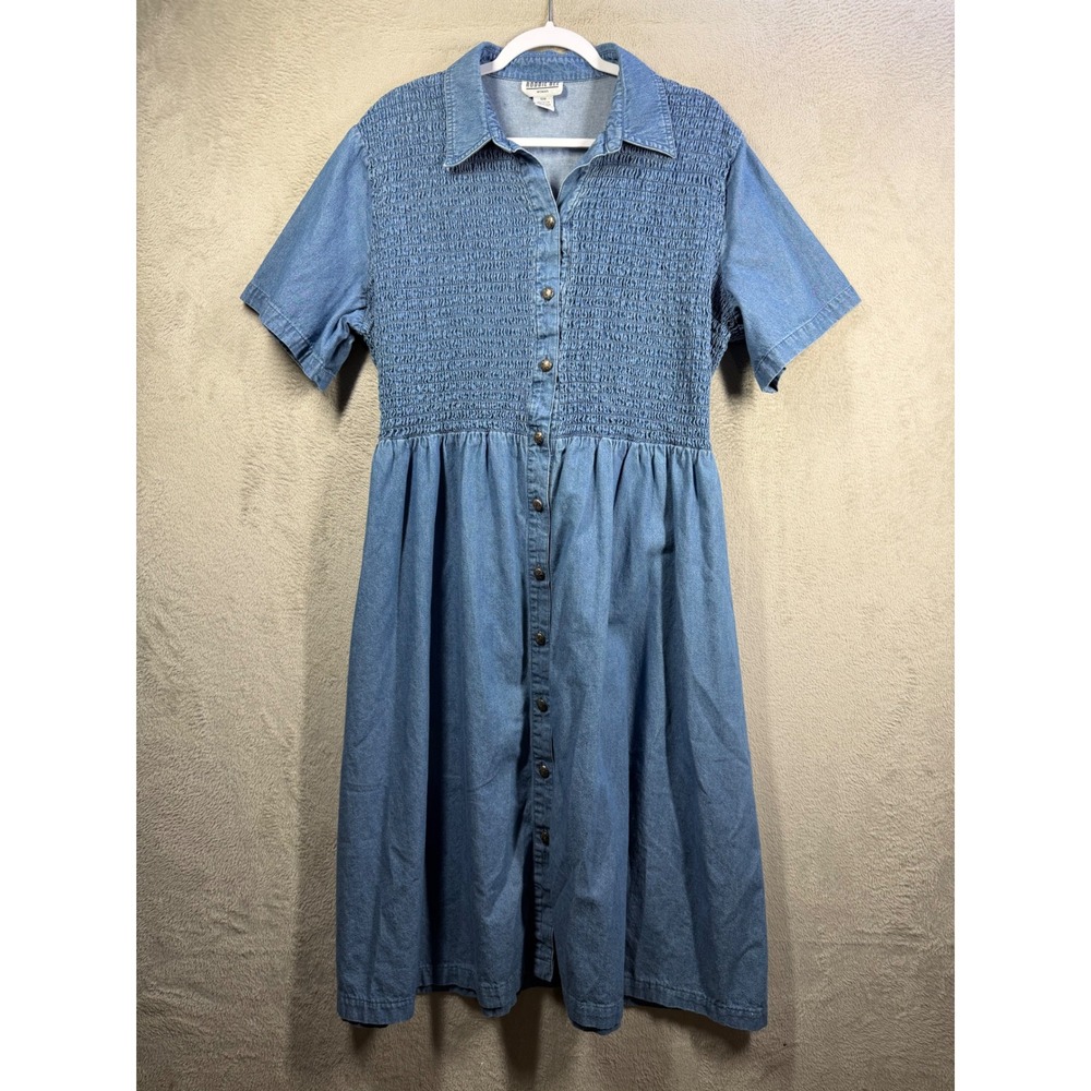 Robbie Bee Denim Dress Women 18W Blue Smocked Bodice Western Cottagecore Midi